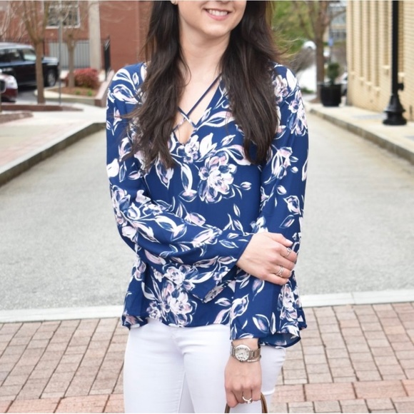 LUSH | navy floral criss-cross strappy neck blouse - Picture 5 of 5